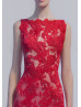 Bateau Neck Red Lace V Back Evening Dress