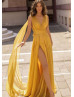 V Neck Beaded Gold Chiffon Slit Evening Dress