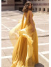 V Neck Beaded Gold Chiffon Slit Evening Dress