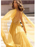 V Neck Beaded Gold Chiffon Slit Evening Dress