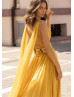 V Neck Beaded Gold Chiffon Slit Evening Dress