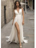 Deep V Neck Beaded Ruched Chiffon Slit Evening Dress