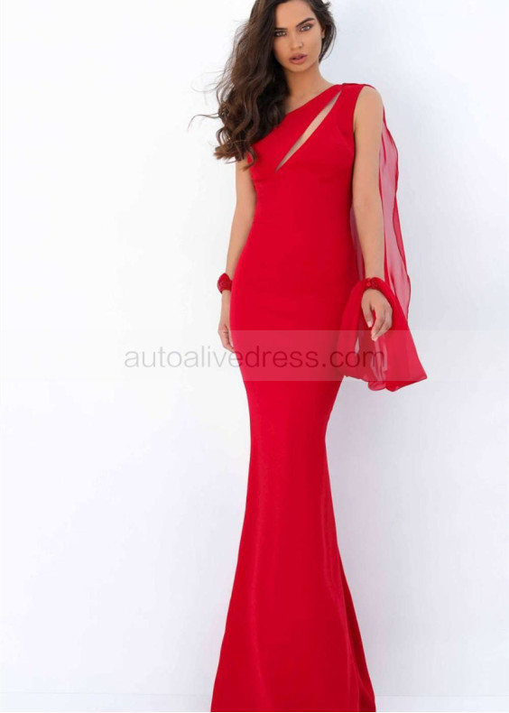 One Shoulder Red Chiffon Illusion Back Evening Dress