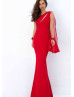 One Shoulder Red Chiffon Illusion Back Evening Dress