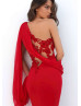 One Shoulder Red Chiffon Illusion Back Evening Dress
