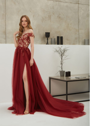 Marsala Lace Tulle High Slit Evening Dress