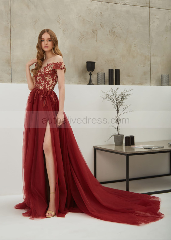 Marsala Lace Tulle High Slit Evening Dress