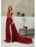 Marsala Lace Tulle High Slit Evening Dress