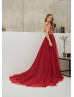 Marsala Lace Tulle High Slit Evening Dress Marsala Lace Tulle High Slit Evening Dress