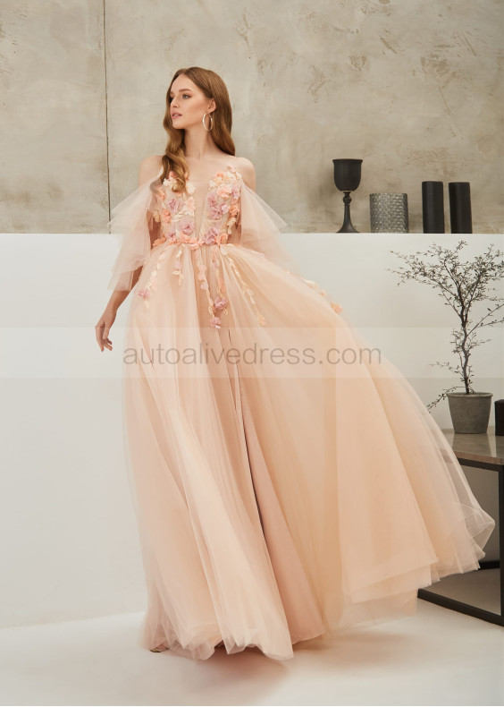 Champagne Tulle Slit Floral Evening Dress