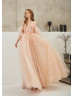 Champagne Tulle Slit Floral Evening Dress Champagne Tulle Slit Floral Evening Dress