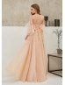 Champagne Tulle Slit Floral Evening Dress