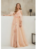 Champagne Tulle Slit Floral Evening Dress