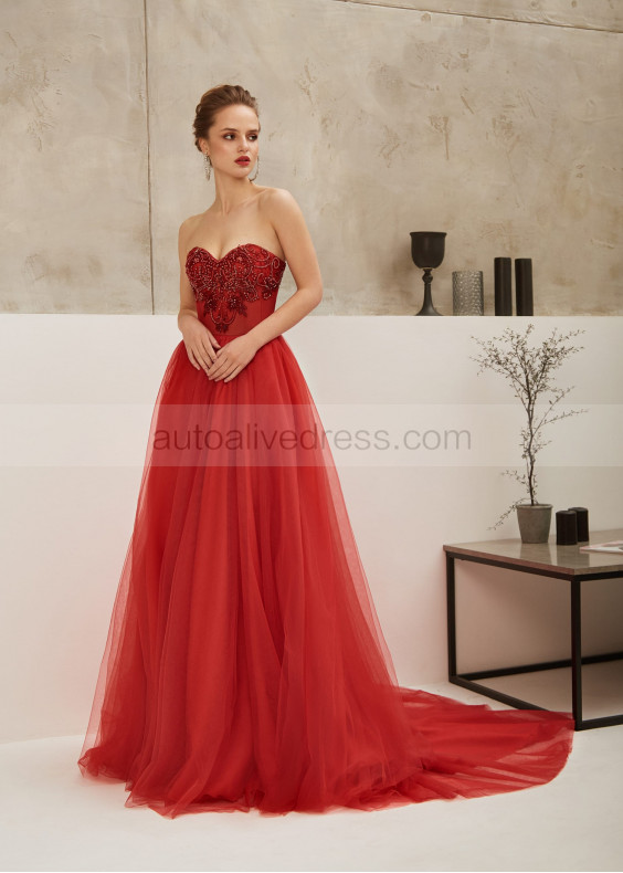 Beaded Red Tulle Strapless Chic Evening Dress