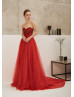 Beaded Red Tulle Strapless Chic Evening Dress