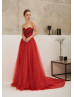 Beaded Red Tulle Strapless Chic Evening Dress Beaded Red Tulle Strapless Chic Evening Dress