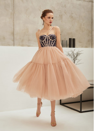 Blush Tulle Corset Tea Length Evening Dress