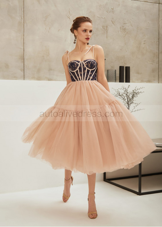 Blush Tulle Corset Tea Length Evening Dress