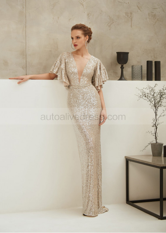 Deep V Neck Silver Sequin Sparkly Evening Dress