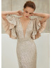 Deep V Neck Silver Sequin Sparkly Evening Dress