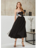 Black Polka Dots Tulle 3D Flowers Evening Dress