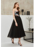 Black Polka Dots Tulle 3D Flowers Evening Dress