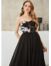 Black Polka Dots Tulle 3D Flowers Evening Dress