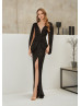 Black Sequin Glitter Slit Sexy Evening Dress