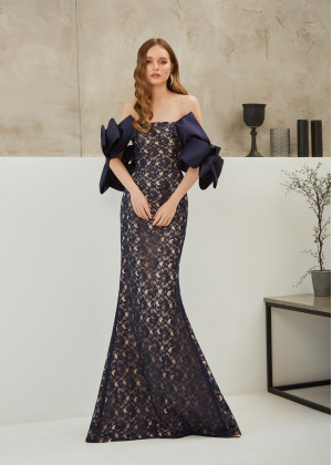 Off Shoulder Navy Blue Lace Satin Timeless Evening Dress