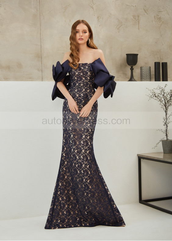 Off Shoulder Navy Blue Lace Satin Timeless Evening Dress