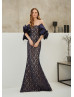 Off Shoulder Navy Blue Lace Satin Timeless Evening Dress