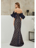 Off Shoulder Navy Blue Lace Satin Timeless Evening Dress