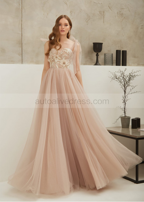 Blush Lace Tulle Tie Straps Evening Dress