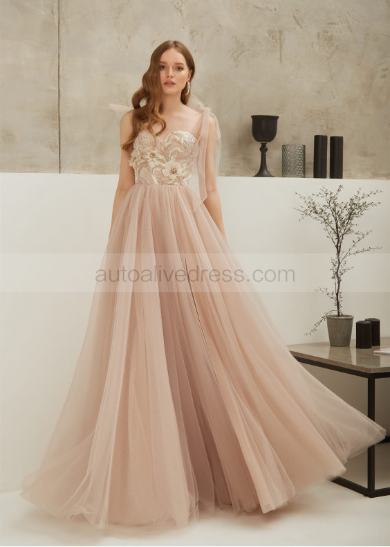 Blush Lace Tulle Tie Straps Evening Dress Blush Lace Tulle Tie Straps Evening Dress