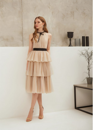 Champagne Tulle Layered Tea Length Evening Dress