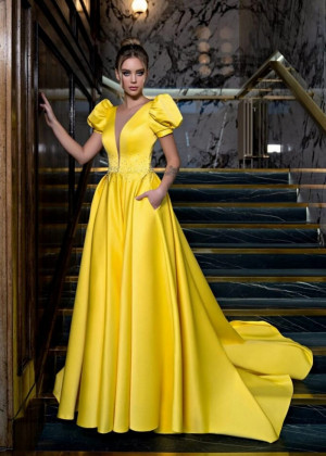 Lantern Sleeves Satin Beaded V Back Evening Dress Lantern Sleeves Satin Beaded V Back Evening Dress