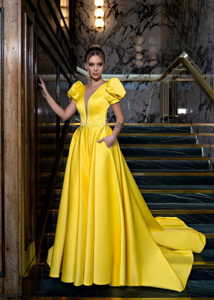 Puff Sleeves Beaded Satin V Back Evening Dress