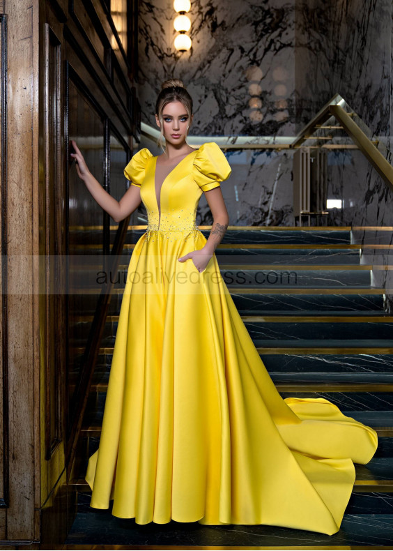 Puff Sleeves Beaded Satin V Back Evening Dress Puff Sleeves Beaded Satin V Back Evening Dress