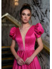 Puff Sleeves Beaded Satin V Back Evening Dress