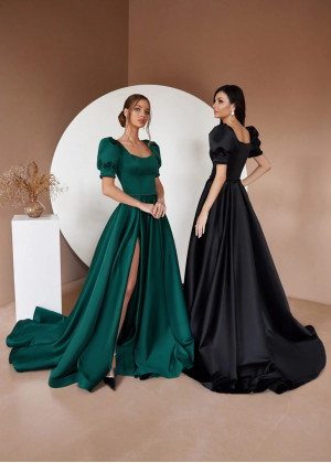 Square Neck Beaded Satin High Slit Evening Dress