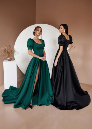 Square Neck Beaded Satin High Slit Evening Dress