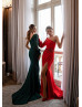 One Sleeve Beaded Satin Slit Sexy Evening Dress