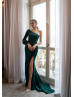 One Sleeve Beaded Satin Slit Sexy Evening Dress