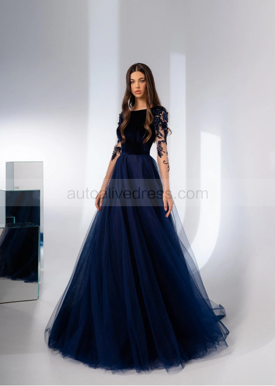 Boat Neck Navy Blue Velvet Tulle Unique Evening Dress Boat Neck Navy Blue Velvet Tulle Unique Evening Dress