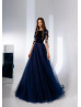 Boat Neck Navy Blue Velvet Tulle Unique Evening Dress