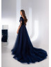 Boat Neck Navy Blue Velvet Tulle Unique Evening Dress