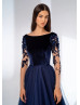 Boat Neck Navy Blue Velvet Tulle Unique Evening Dress