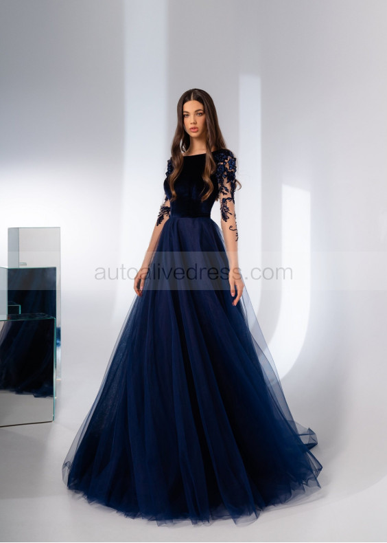 Boat Neck Navy Blue Velvet Tulle Unique Evening Dress