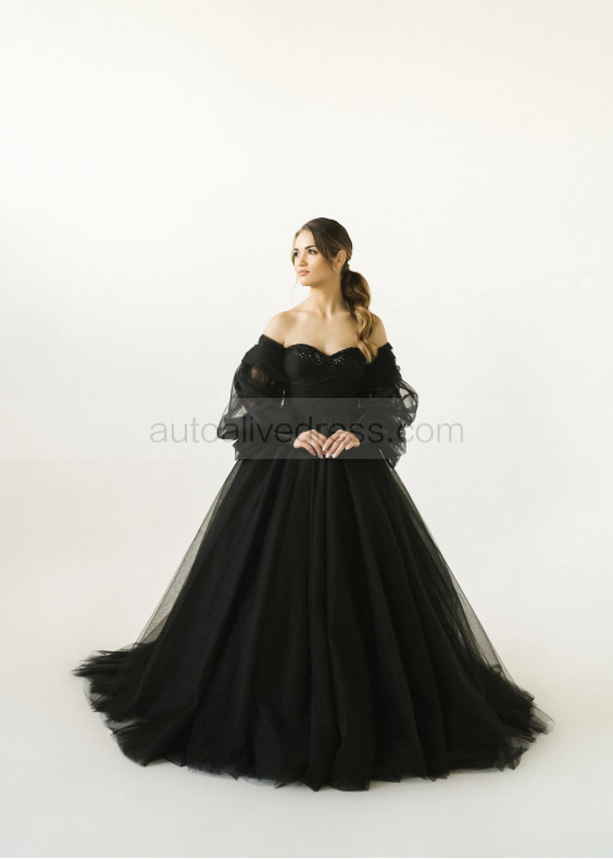 Off Shoulder Black Lace Tulle Evening Dress With Removable Sleeves