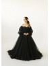 Off Shoulder Black Lace Tulle Evening Dress With Removable Sleeves
